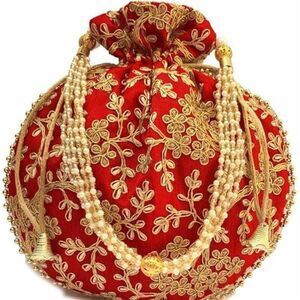 Potli Bag Ethnic Designer Embroidery Batwa Pearl Handle Gold Thread Sequin Purse